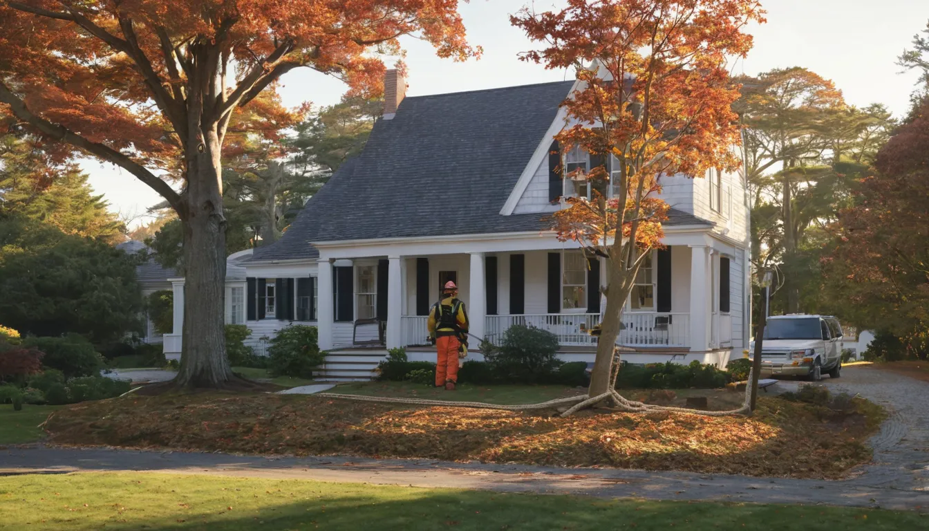A large tree being carefully taken down beside an older home in Framingham